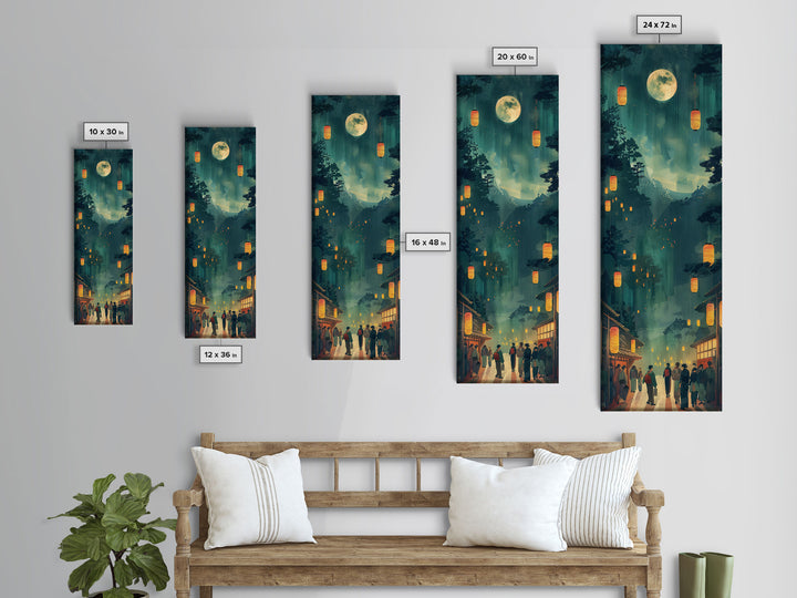 Framed Canvas Print Of A Nighttime Japanese Festival Scene With Lanterns And Pine Trees, Traditional Wall Art Ready To Hang