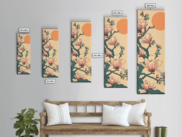 Delicate Magnolia Blossoms in Ukiyo-e Style, Tall Skinny Framed Canvas Print, Japanese Art for Vertical Spaces