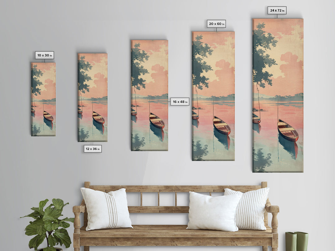 Serene Boat on Water, Autumn Trees, Japanese Art, Skinny Art, Tall Art, Framed Canvas Print, Ukiyo-e Style