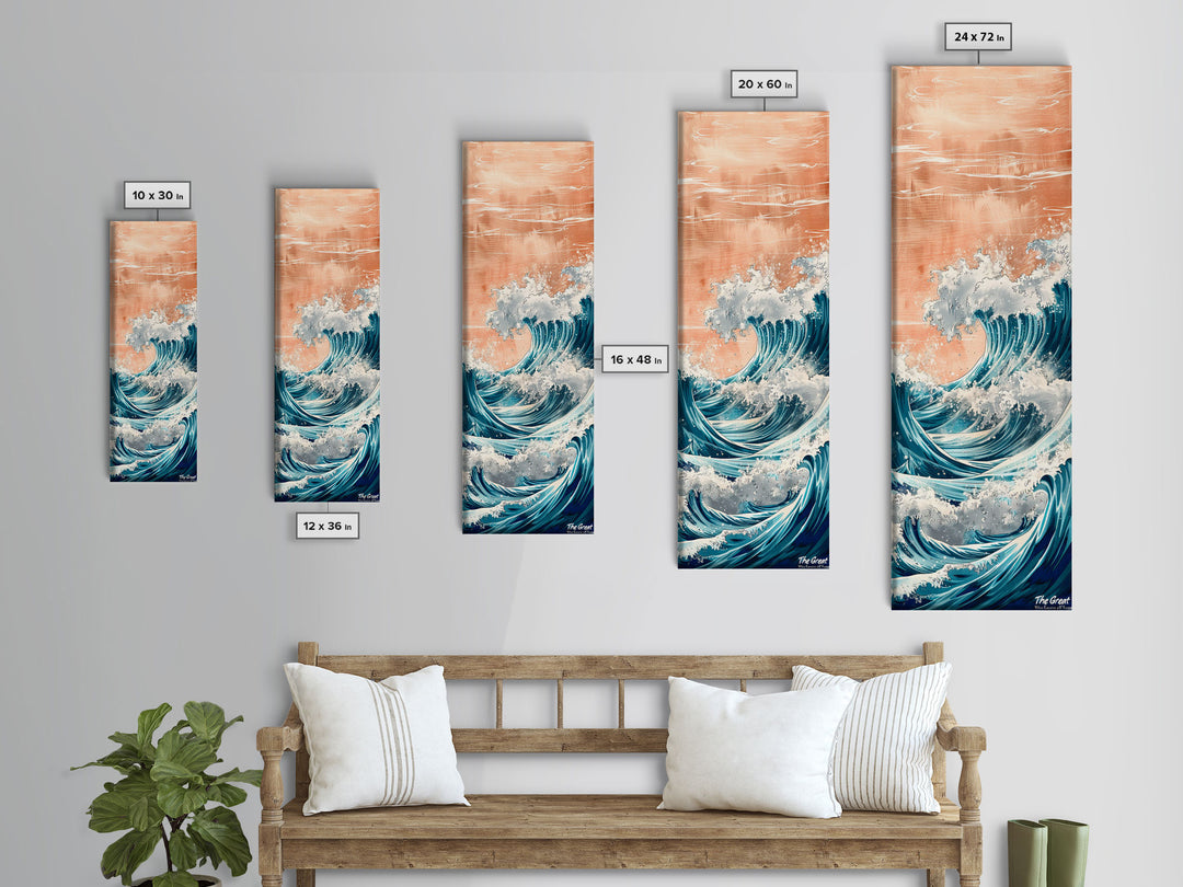 Majestic Wave, Peach Sky, Japanese Art, Skinny Art, Tall Art, Framed Canvas Print, Ukiyo-e Style