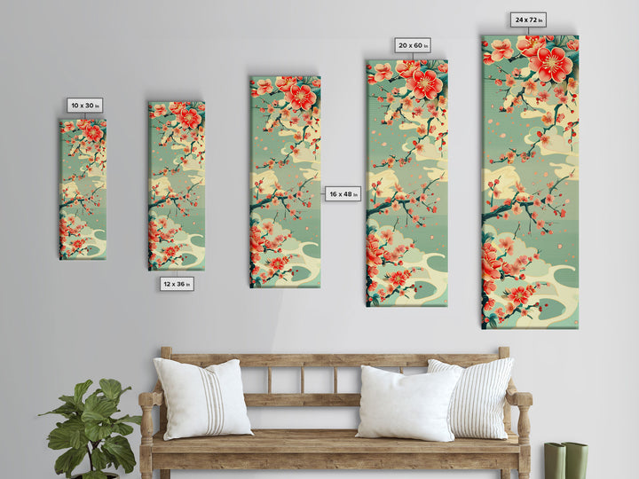 Plum Blossoms, Turquoise Sky, Japanese Art, Skinny Art, Tall Art, Framed Canvas Print, Ukiyo-e Style