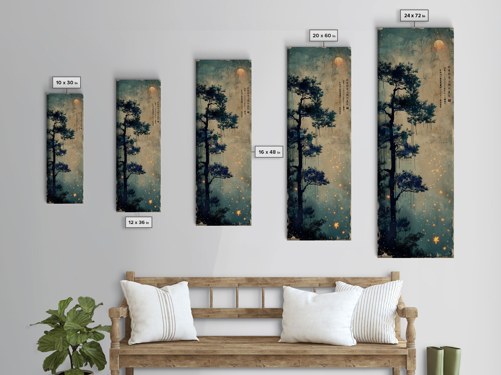 Pine Tree, Moonlit Sky, Japanese Art, Skinny Art, Tall Art, Framed Canvas Print, Ukiyo-e Style