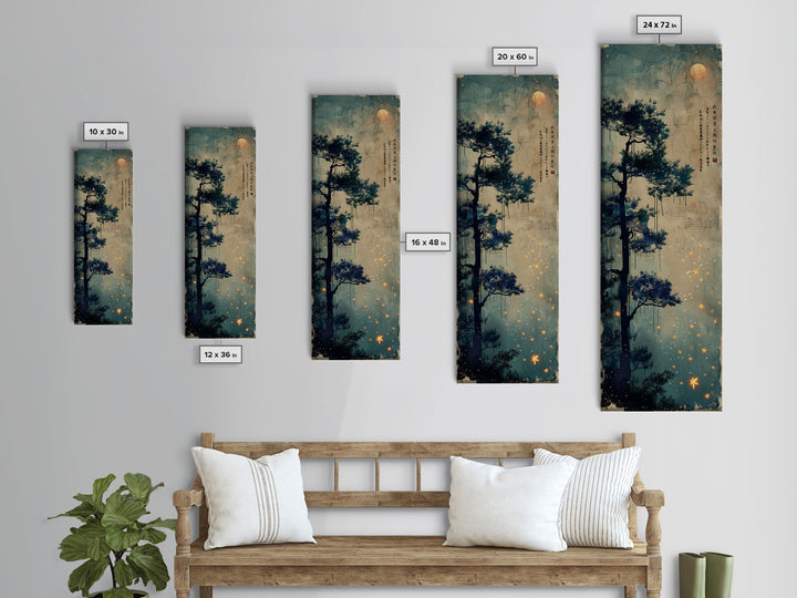 Pine Tree, Moonlit Sky, Japanese Art, Skinny Art, Tall Art, Framed Canvas Print, Ukiyo-e Style