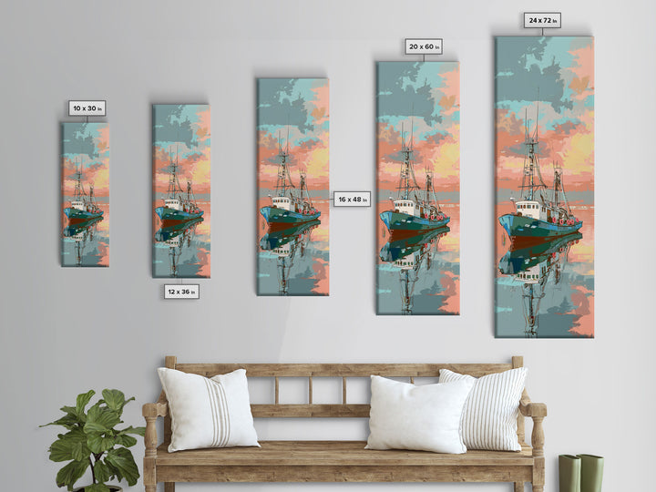 Fishing Boat, Calm Waters, Japanese Art, Skinny Art, Tall Art, Framed Canvas Print, Ukiyo-e Style