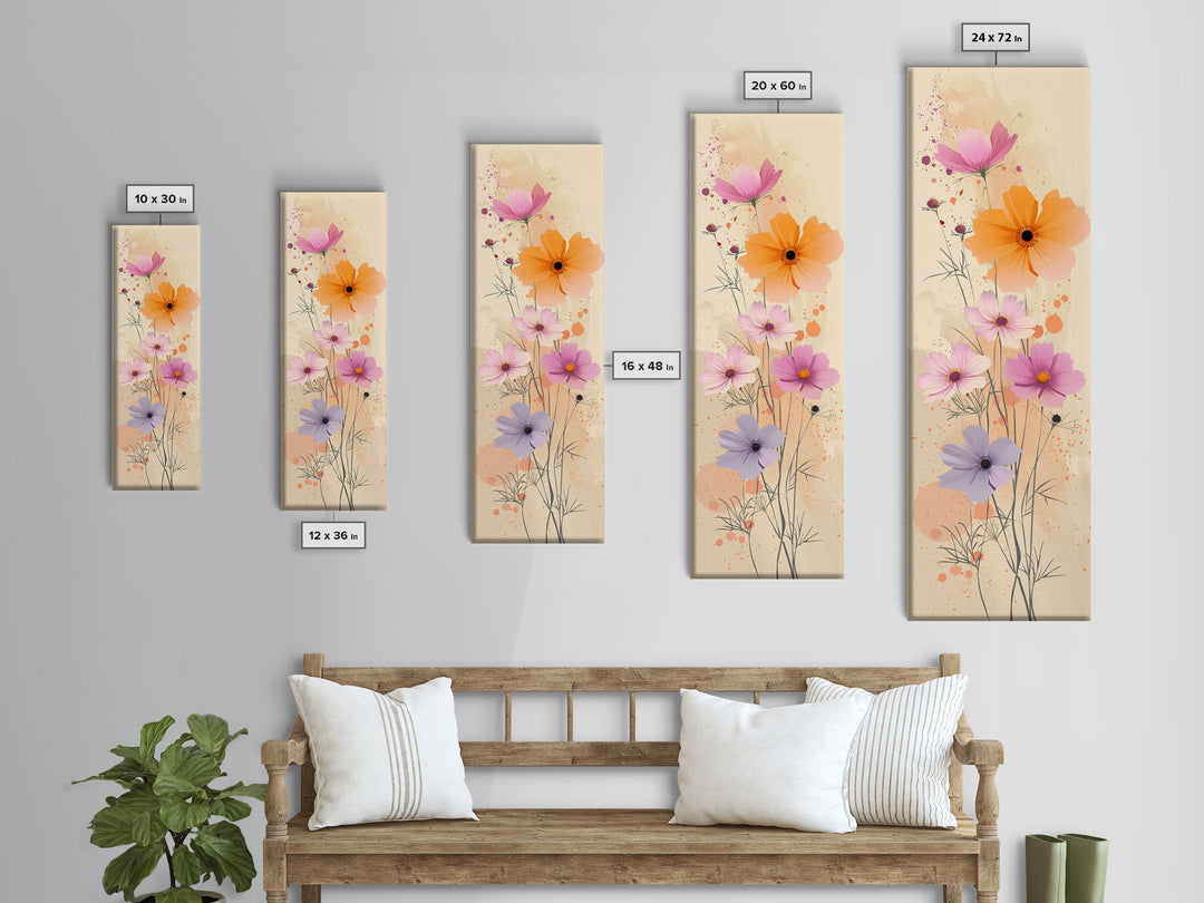 Delicate Flowers in Soft Pastel Colors Skinny Art Ukiyo-e Style Tall Framed Canvas Print for Home Décor