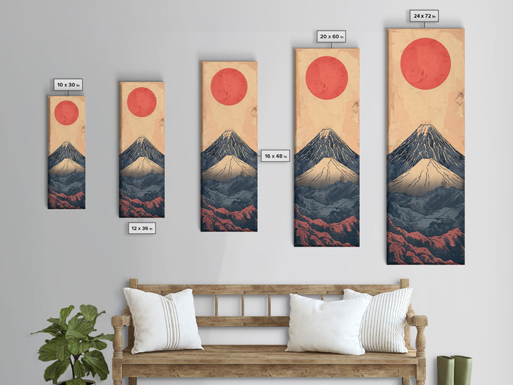 Mount Fuji Under a Red Sun Skinny Art Ukiyo-e Tall Framed Canvas Print Inspired by Japanese Landscape