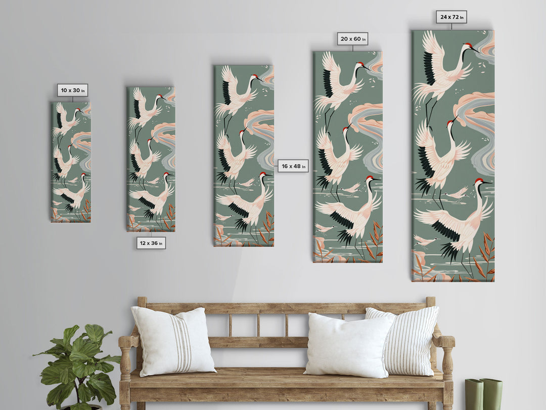 Cranes In Flight Framed Canvas Print, Traditional Japanese Art With Soft Colors And Detailed Wings, Wall Art Ready To Hang