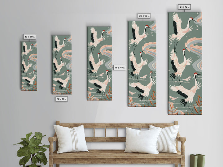 Cranes In Flight Framed Canvas Print, Traditional Japanese Art With Soft Colors And Detailed Wings, Wall Art Ready To Hang