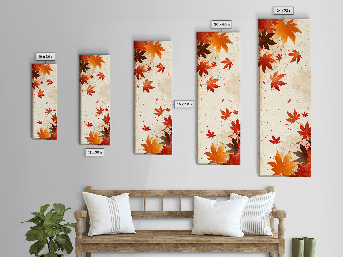 Skinny Art Autumn Leaves In Japanese Style Wood Block Print Warm Red And Orange Tones On Framed Canvas Print, Tall Art Ukiyo-e