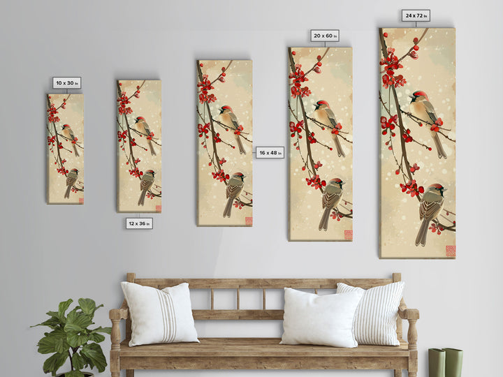 Skinny Art Sparrows And Cherry Blossoms In Japanese Style Wood Block Print Gentle Color Palette On Framed Canvas Print, Tall Art Ukiyo-e