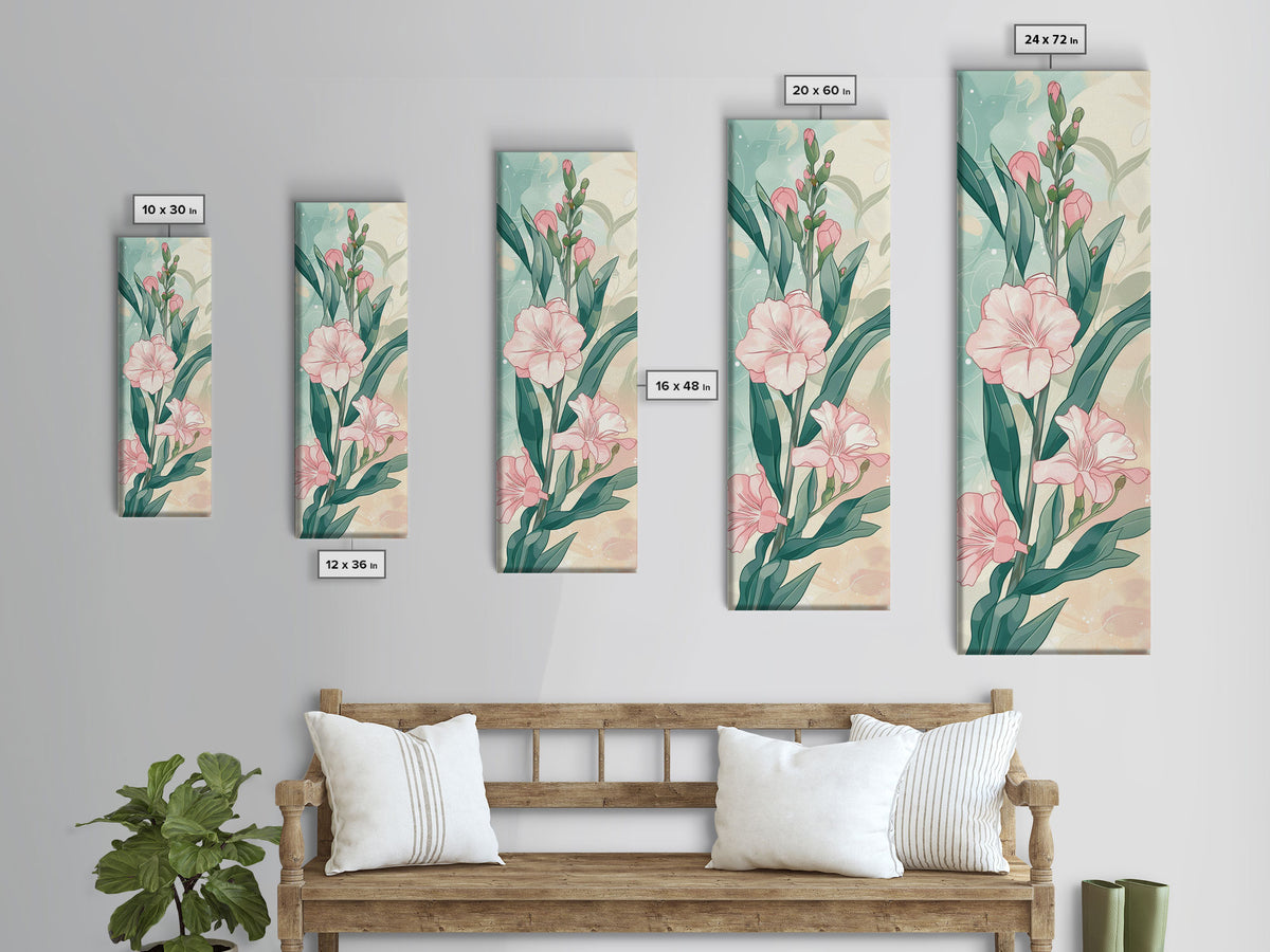 Skinny Art Pink Oleander Flowers In Japanese Style Wood Block Print Elegant Pastel Hues On Framed Canvas Print, Tall Art Ukiyo-e