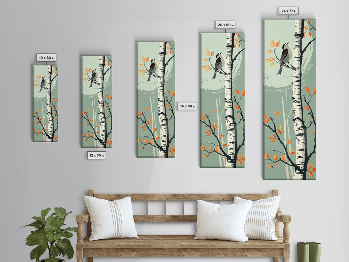 Skinny Art Bird On Birch Tree In Japanese Style Wood Block Print Autumn Tones On Framed Canvas Print, Tall Art Ukiyo-e