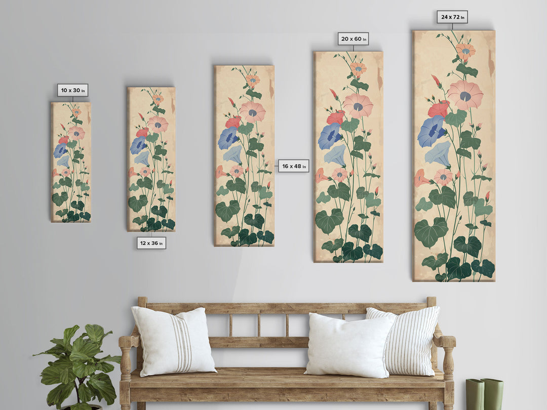 Skinny Art Tall Art Framed Canvas Print Stylized Morning Glory Blossoms In Subtle Pastel Hues Ukiyo-e Japanese Style Art Wood Block Print