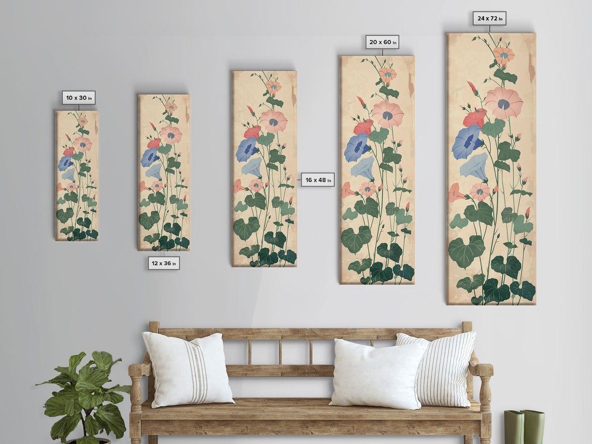 Skinny Art Tall Art Framed Canvas Print Stylized Morning Glory Blossoms In Subtle Pastel Hues Ukiyo-e Japanese Style Art Wood Block Print