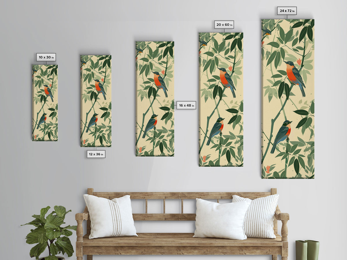 Skinny Art Tall Art Framed Canvas Print Birds Amongst Dense Greenery And Red Flowers Ukiyo-e Japanese Style Art Wood Block Print