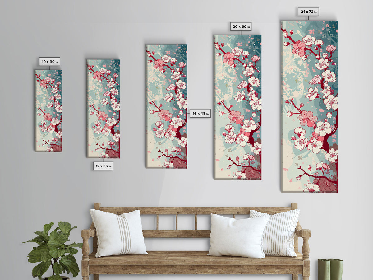Delicate Pink Flowers On Branch Gentle Tones Skinny Art Tall Art Framed Canvas Print Japanese Style Art Ukiyo-e Art Wood Block Print Floral