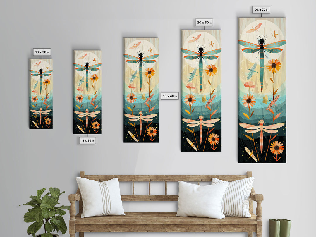 Dragonfly Gathering Night Glow Vibrant Colors Skinny Art Tall Art Framed Canvas Print Japanese Style Art Ukiyo-e Art Wood Block Print Insect Art