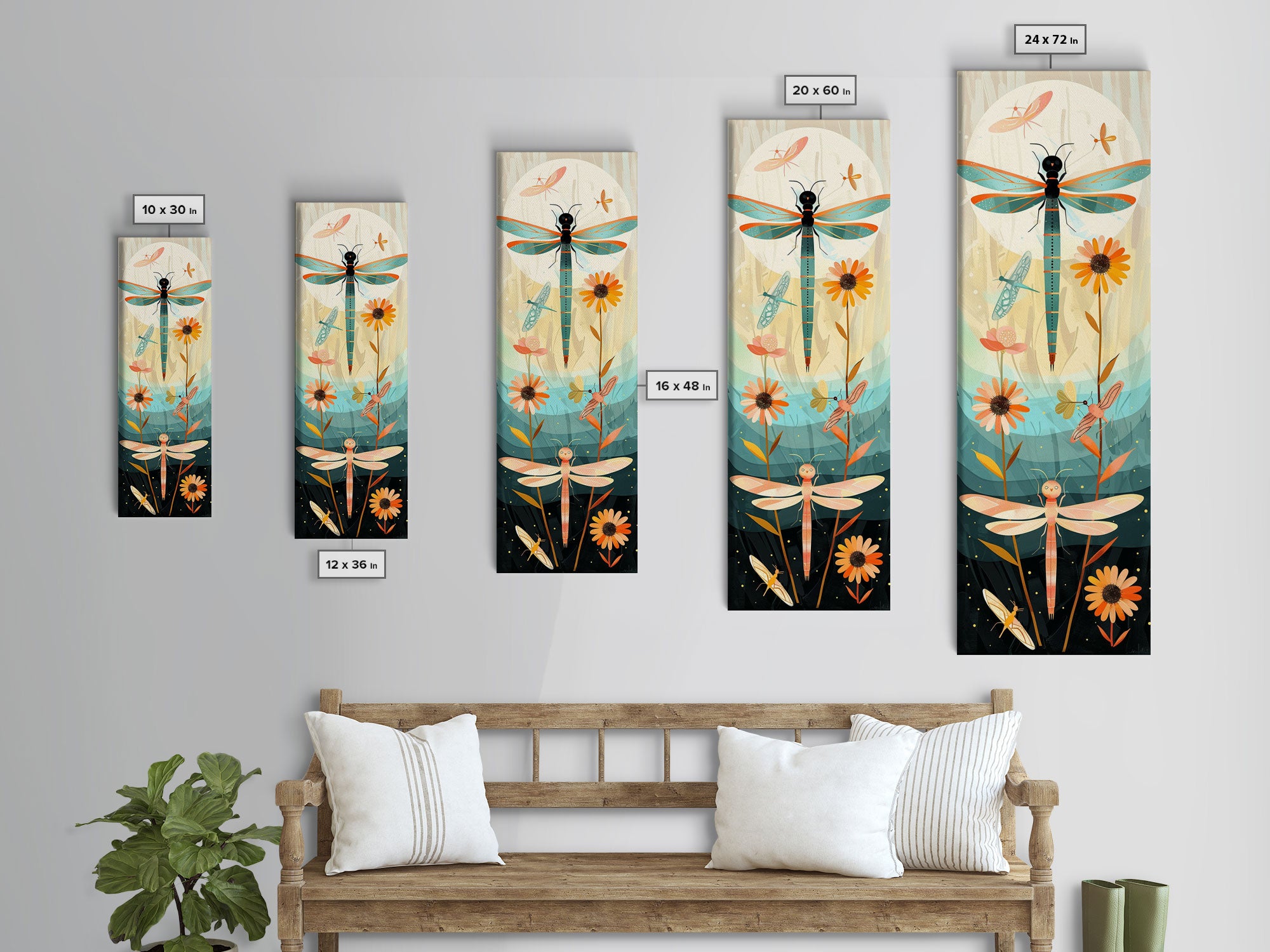 Dragonfly Gathering Night Glow Vibrant Colors Skinny Art Tall Art Framed Canvas Print Japanese Style Art Ukiyo-e Art Wood Block Print Insect Art