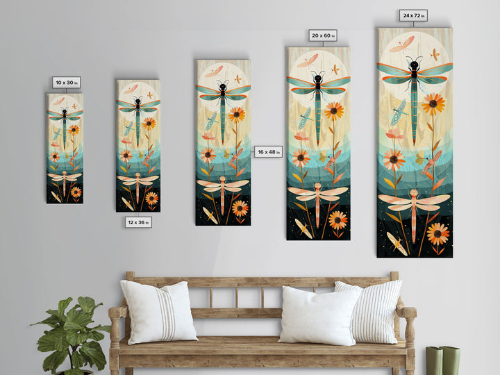 Dragonfly Gathering Night Glow Vibrant Colors Skinny Art Tall Art Framed Canvas Print Japanese Style Art Ukiyo-e Art Wood Block Print Insect Art