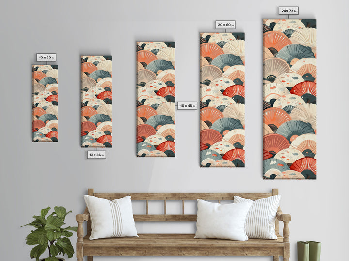 Pattern Of Overlapping Japanese Fans On Beige Background Tall Art Skinny Art Framed Canvas Print Japanese Style Art Ukiyo-e Wood Block Print
