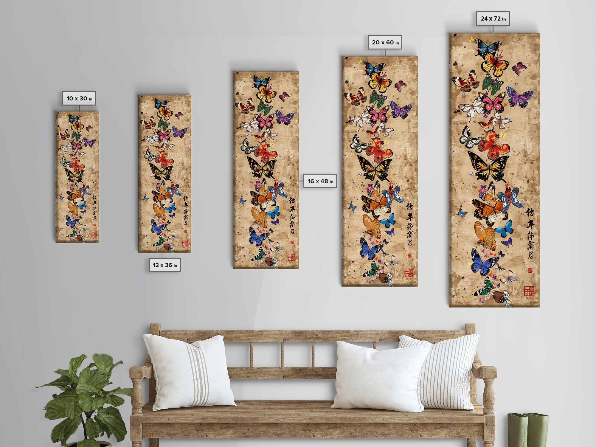 Butterflies In Spiral Formation On Light Brown Canvas Tall Art Skinny Art Framed Canvas Print Japanese Style Art Ukiyo-e Wood Block Print