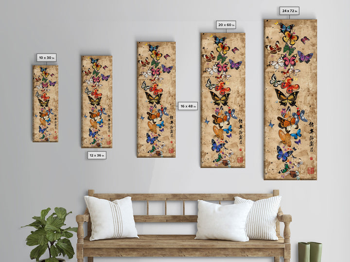Butterflies In Spiral Formation On Light Brown Canvas Tall Art Skinny Art Framed Canvas Print Japanese Style Art Ukiyo-e Wood Block Print