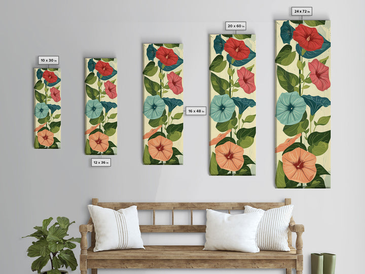 Morning Glory Flowers In Vibrant Red And Blue Shades Tall Art Skinny Art Framed Canvas Print Japanese Style Art Ukiyo-e Wood Block Print