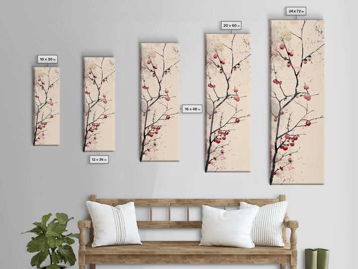 Minimalist Japanese Tree Branch With Red Berries, Ukiyo-e Woodblock Style Canvas, Framed Canvas Print, Japanese Tall Skinny Wall Art, Ready To Hang