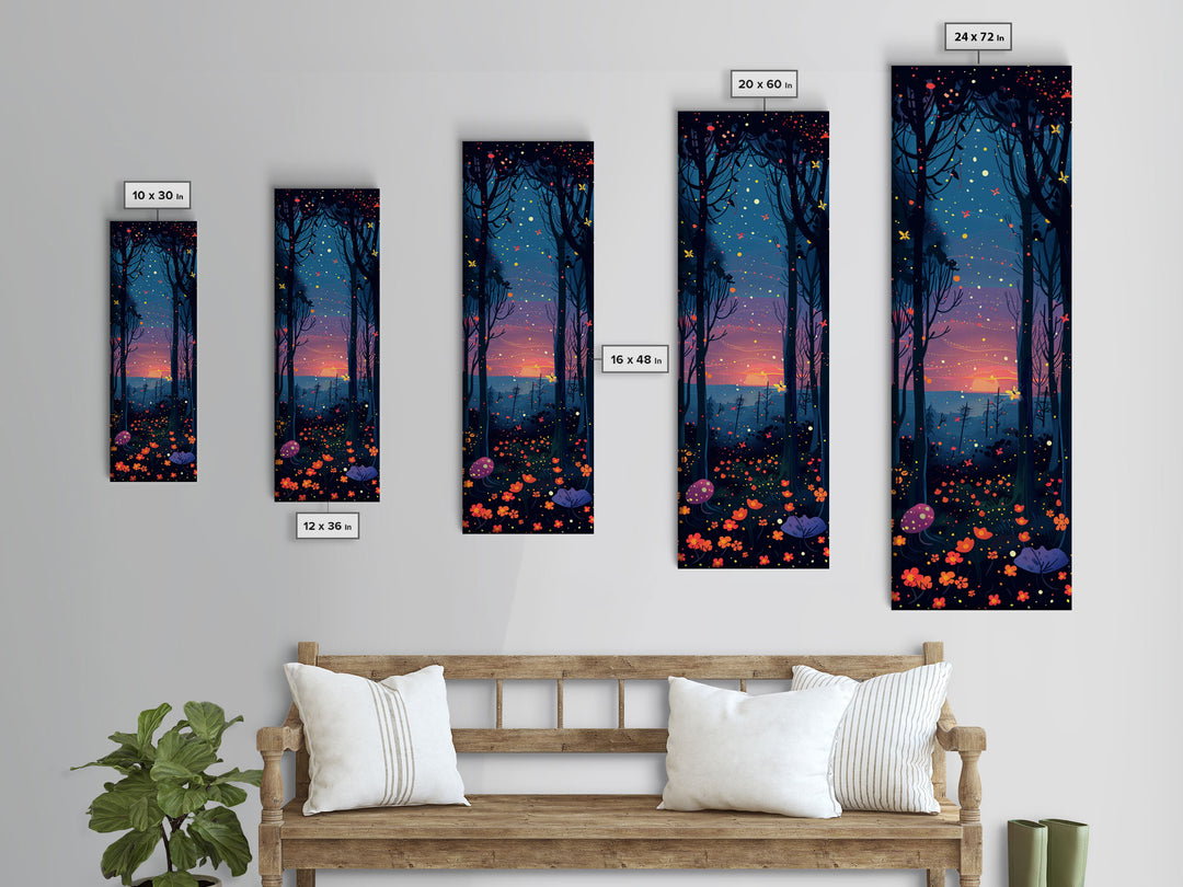 Majestic Nightfall Amidst Illuminated Trees Skinny Art Tall Art Framed Canvas Print Japanese Style Art Ukiyo-e Art Wood Block Print Tranquil Decorative