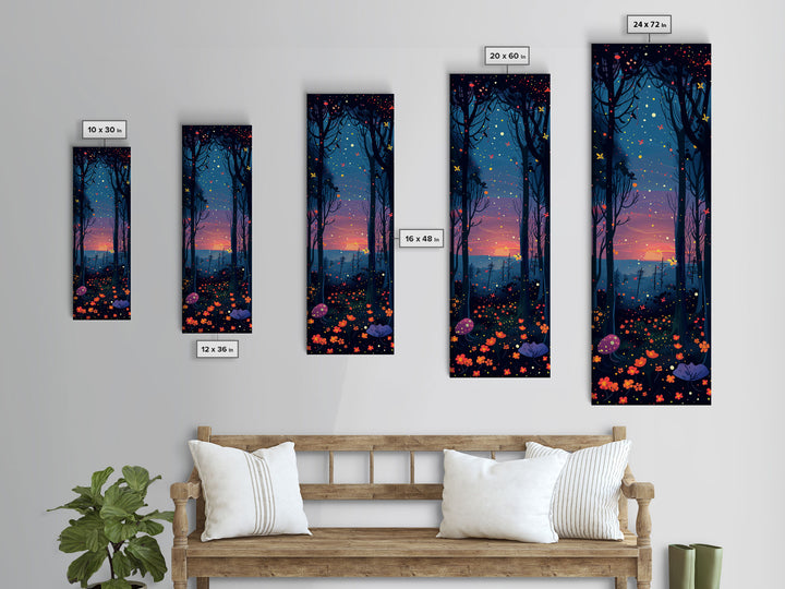 Majestic Nightfall Amidst Illuminated Trees Skinny Art Tall Art Framed Canvas Print Japanese Style Art Ukiyo-e Art Wood Block Print Tranquil Decorative