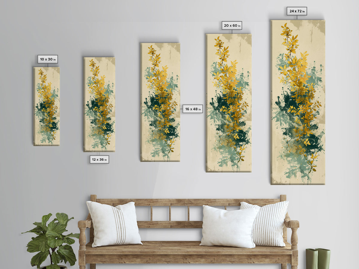 Golden Foliage Set Against Green Textured Background Skinny Art Tall Art Framed Canvas Print Japanese Style Art Ukiyo-e Art Wood Block Print Natural Elegant