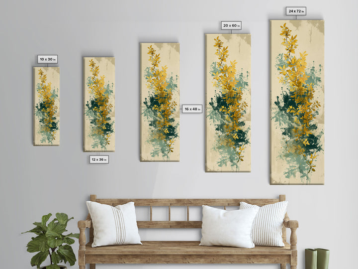 Golden Foliage Set Against Green Textured Background Skinny Art Tall Art Framed Canvas Print Japanese Style Art Ukiyo-e Art Wood Block Print Natural Elegant