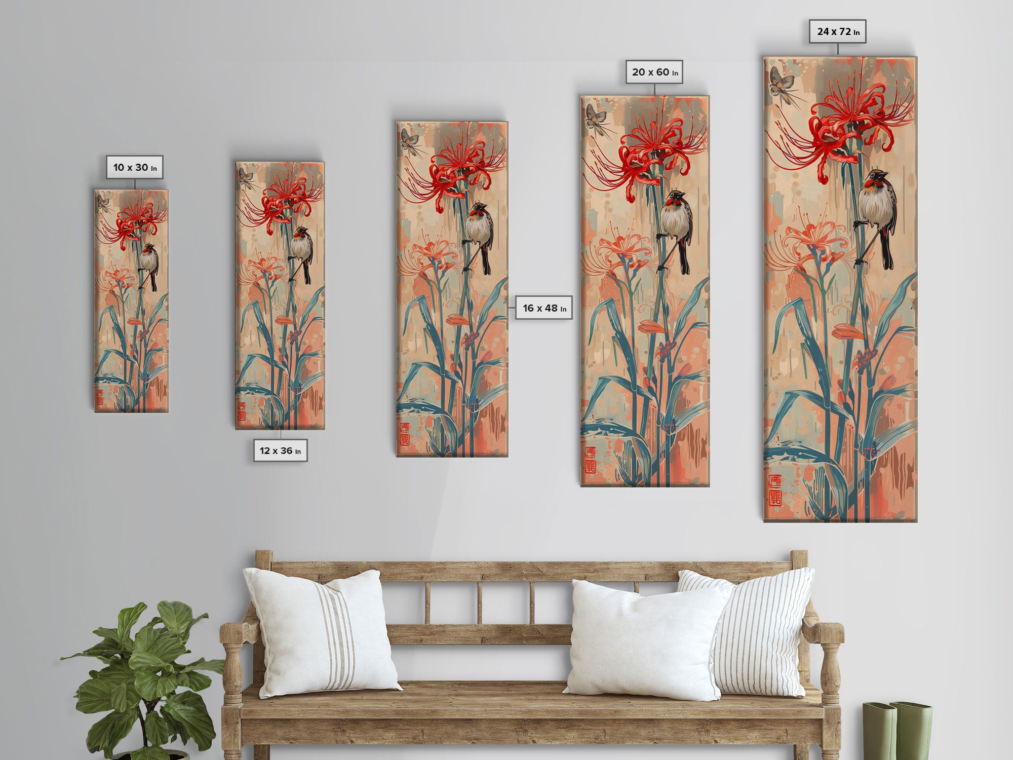 Bird Perched On Bright Red Lily Flower Skinny Art Tall Art Framed Canvas Print Japanese Style Art Ukiyo-e Art Wood Block Print Floral Detailed