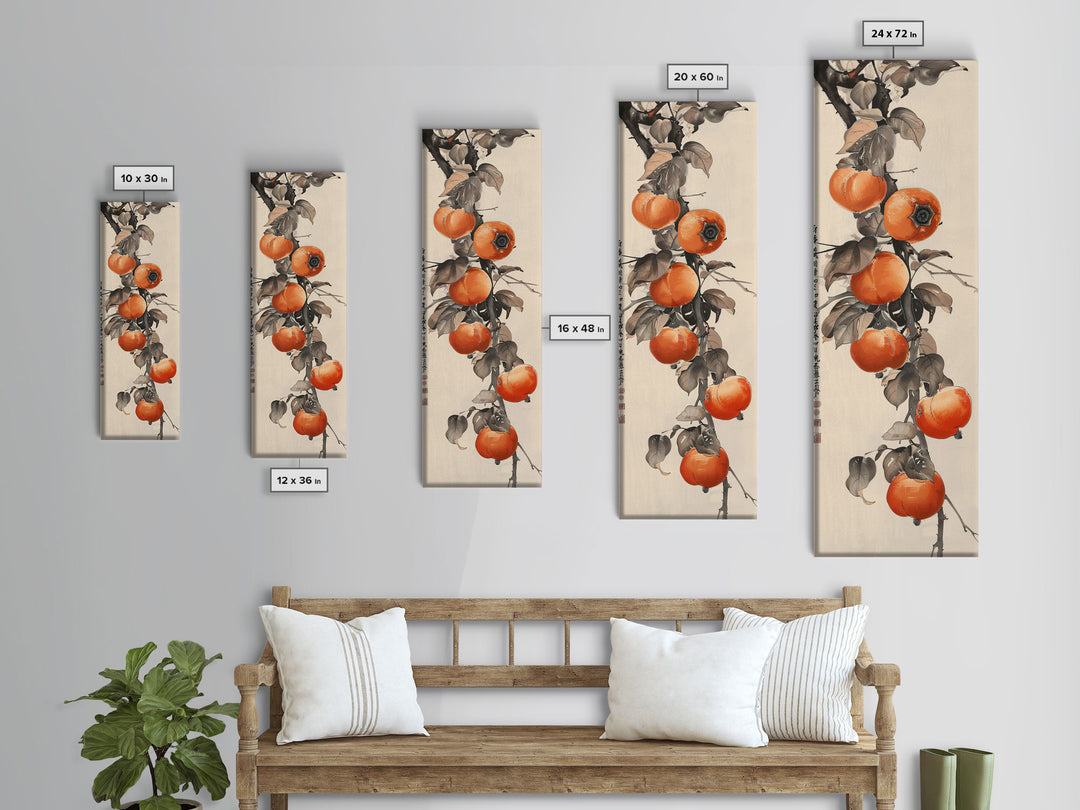 Bountiful Persimmons On Tree Branch Skinny Art Tall Art Framed Canvas Print Japanese Style Art Ukiyo-e Art Wood Block Print Seasonal Natural