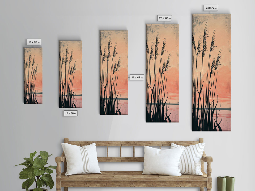 Reeds Silhouetted Against Soft Orange Sunset Skinny Art Tall Art Framed Canvas Print Japanese Style Art Ukiyo-e Art Wood Block Print Tranquil Scenic