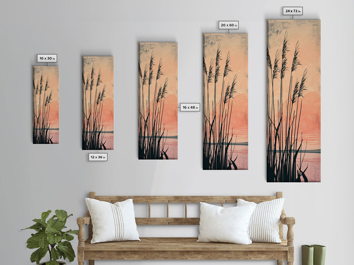Reeds Silhouetted Against Soft Orange Sunset Skinny Art Tall Art Framed Canvas Print Japanese Style Art Ukiyo-e Art Wood Block Print Tranquil Scenic
