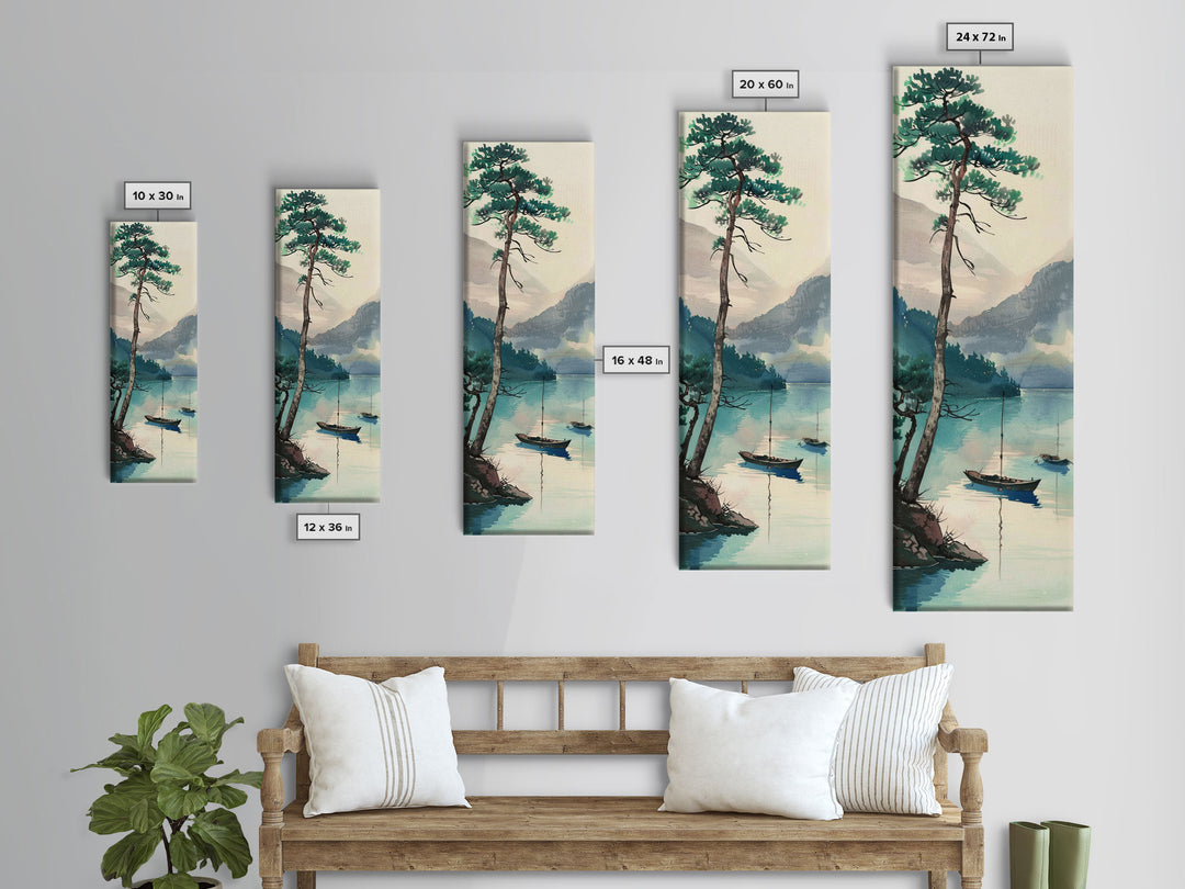 Framed Canvas Print Serene Lake Scene With Tall Pine Tree And Sailboats, Vintage Asian Landscape Art For Home Decor, Wall Decoration
