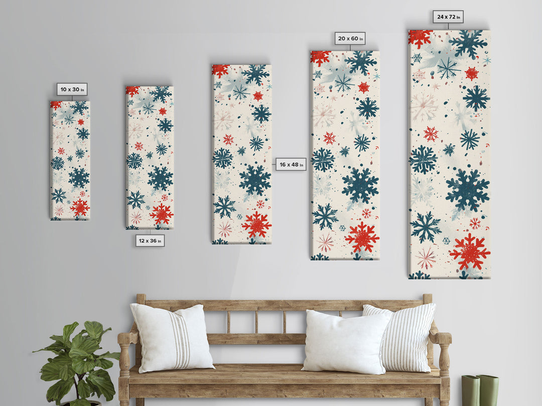 Festive Snowflakes In Red, Blue, And White On A Cream Background, Skinny Art Tall Wall Art Framed Canvas Print Japanese Style Art