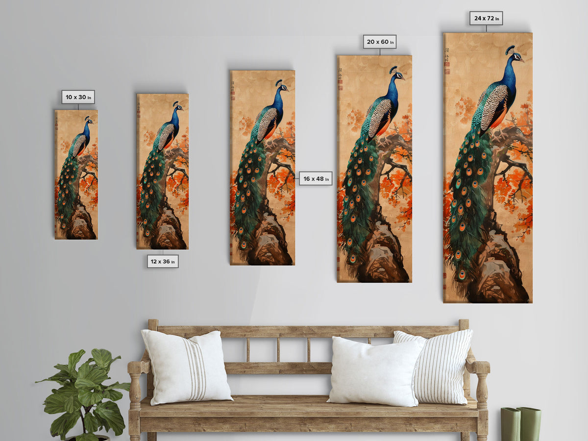Majestic Peacock Perched On A Branch With Autumn Leaves, Skinny Art Tall Wall Art Framed Canvas Print Japanese Style Art