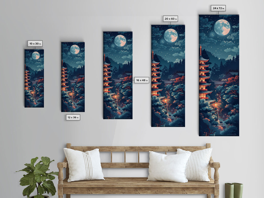 Peaceful Japanese Temple And Pagoda Under A Full Moon, Skinny Art Tall Wall Art Framed Canvas Print Japanese Style Art