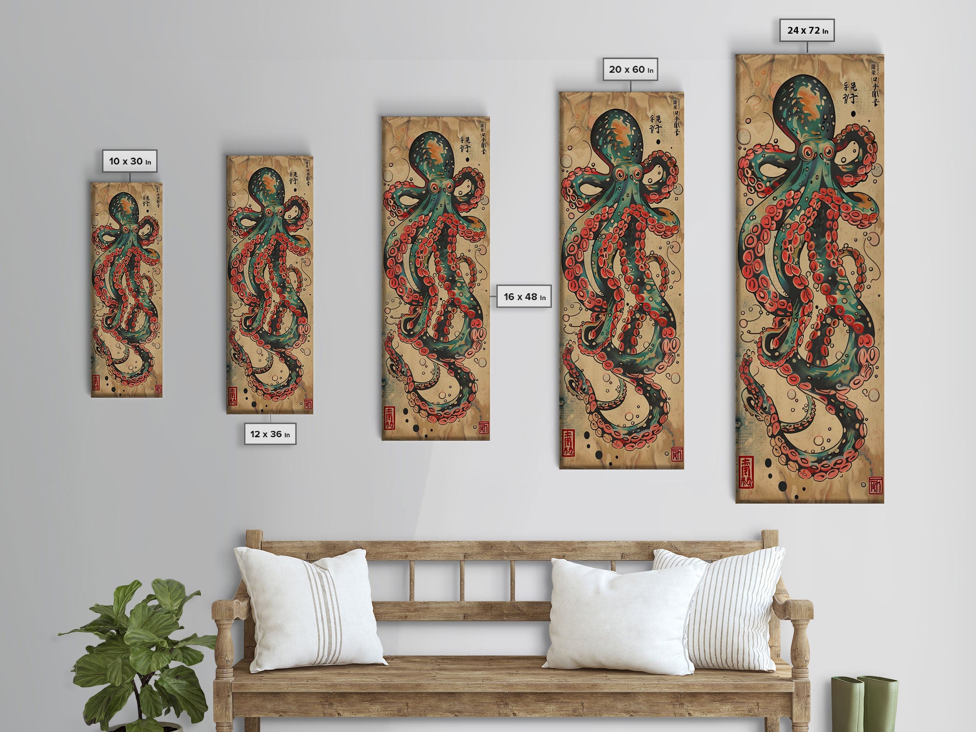 Vintage Canvas Print With Vibrant Octopus Design Ukiyo-e Wall Art Wood Block Print Tall Art Japanese Style Skinny Art