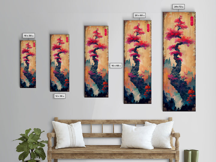 Bonsai Tree With Red Leaves On Gradient Background Wood Block Print Ukiyo-e Wall Art Tall Art Skinny Art Japanese Style