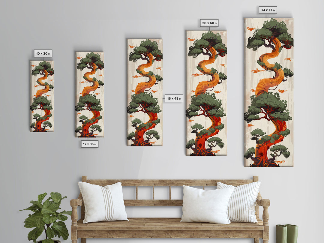 Curved Tree With Green Foliage Ukiyo-e Art Japanese Style Framed Canvas Print Wood Block Print Skinny Art Tall Art
