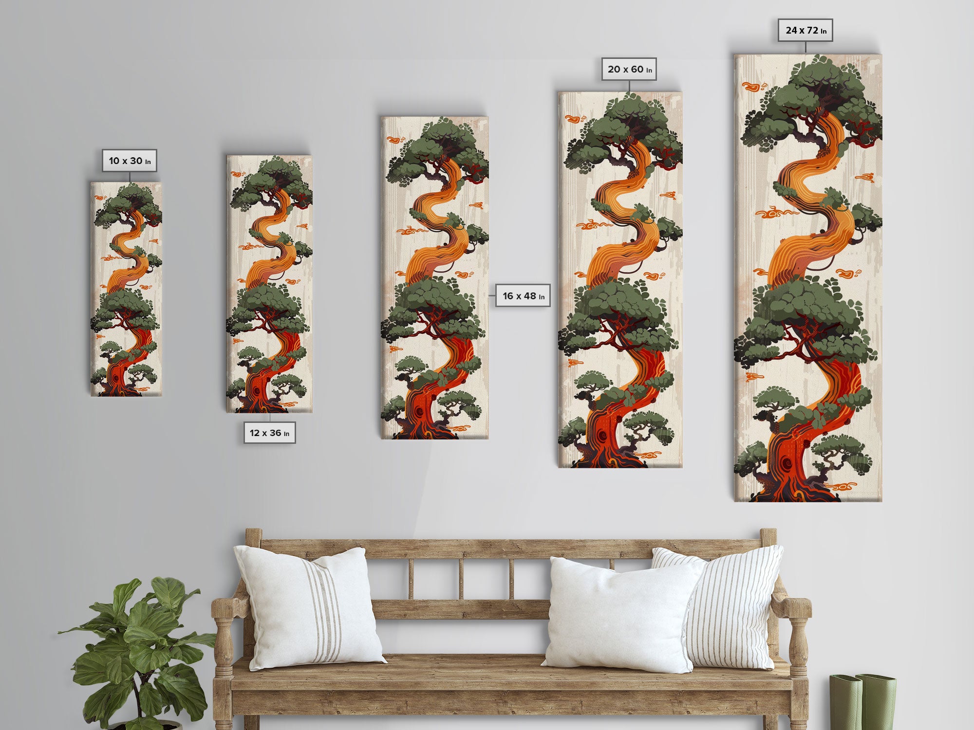 Curved Tree With Green Foliage Ukiyo-e Art Japanese Style Framed Canvas Print Wood Block Print Skinny Art Tall Art