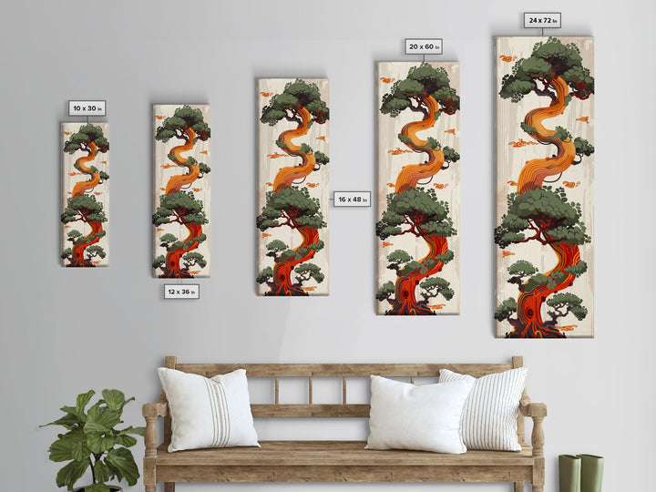 Curved Tree With Green Foliage Ukiyo-e Art Japanese Style Framed Canvas Print Wood Block Print Skinny Art Tall Art