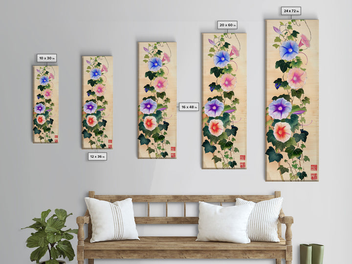 Morning Glories On Wooden Background Ukiyo-e Wall Art Framed Canvas Print Japanese Style Skinny Art Wood Block Print Tall Art
