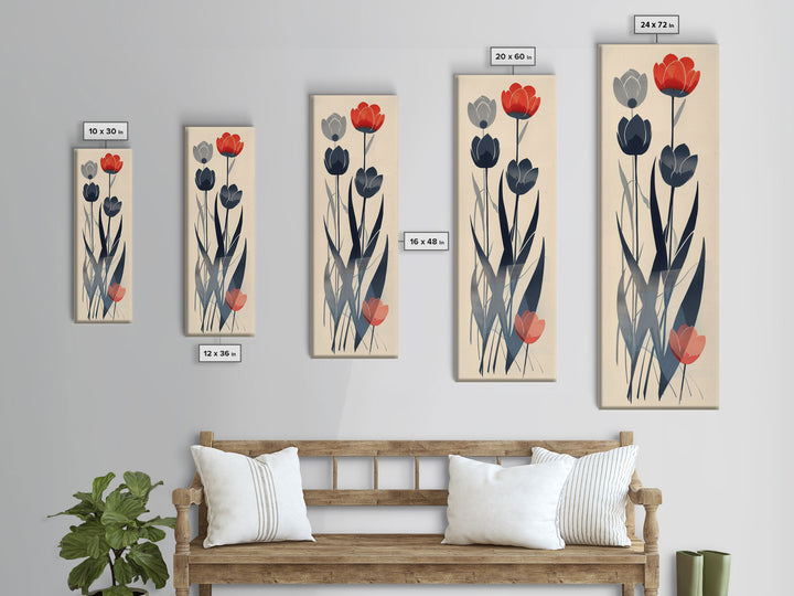 Minimalist Tulips In Red And Gray On Beige Background Framed Canvas Print Ukiyo-e Art Wood Block Print Japanese Style Skinny Art Tall Art
