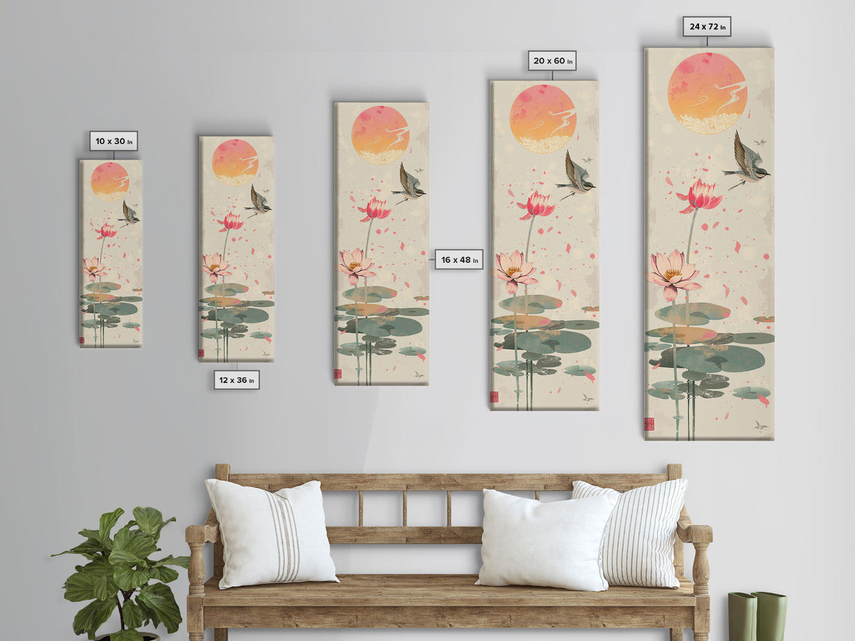 Autumn Maple Leaves Falling Tall Skinny Japanese Wall Art - Framed Canvas Print in Ukiyo-e Style