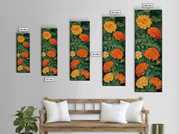 Delicate Pastel Flowers on Tall Stems Framed Canvas Print - Japanese Art Skinny Wall Décor