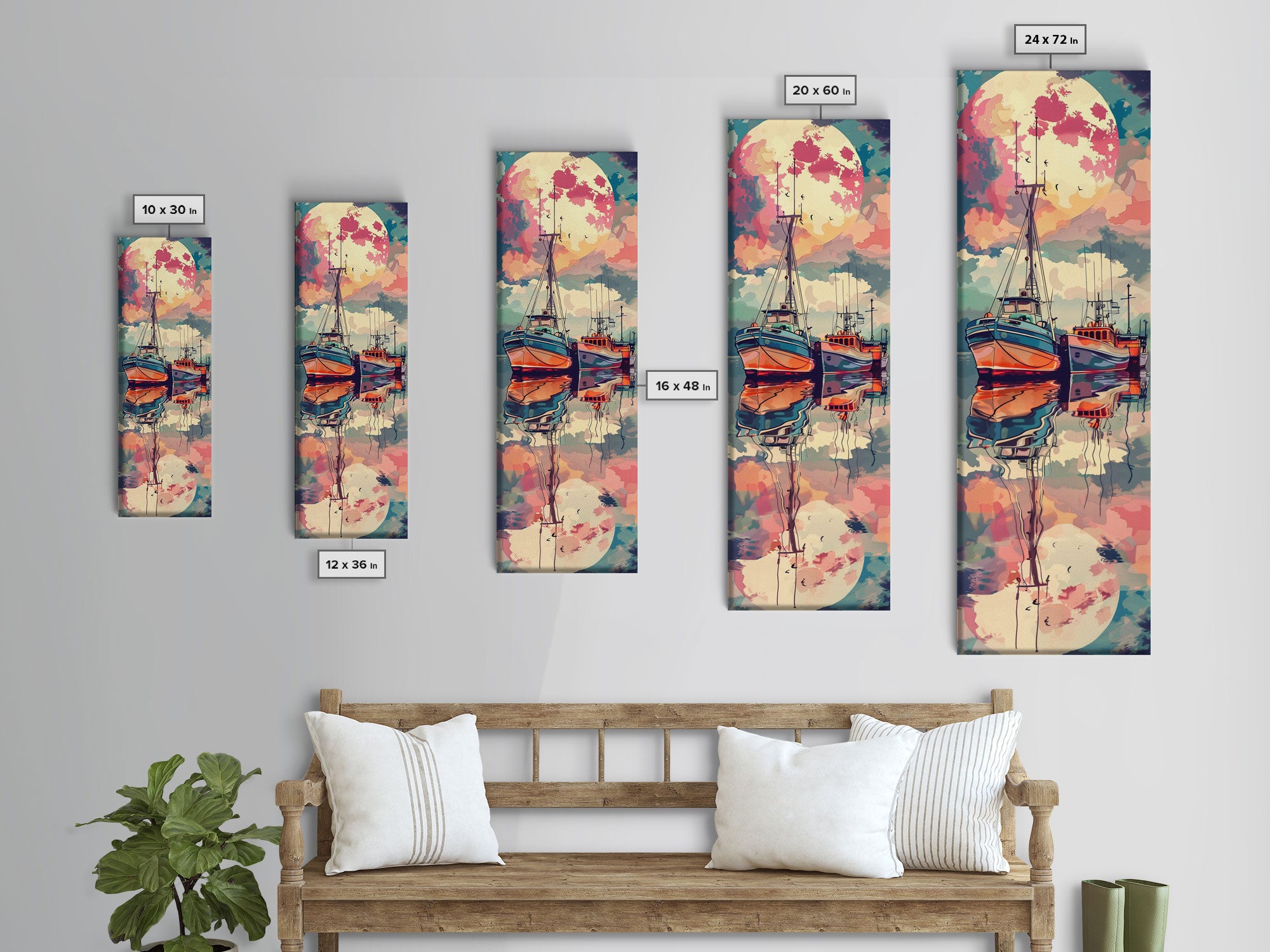 Canvas Print Colorful Fishing Boats Under Full Moon, Vibrant Coastal Scene For Nautical-Themed Home Decor, Wall Decoration